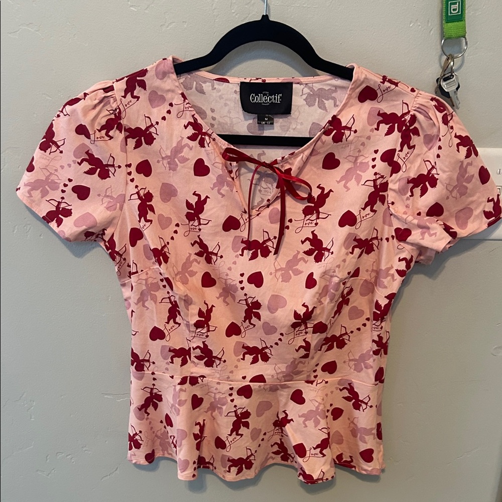 Collectif Pink and Red Heart Print Blouse